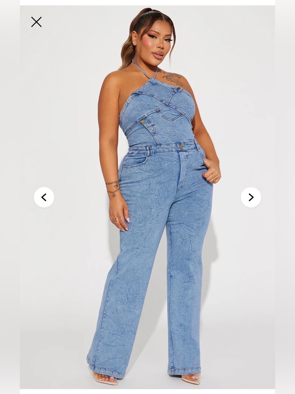 NWT Fashion Nova New Era Denim Halter Neck Jumpsuit Wide Leg Pants